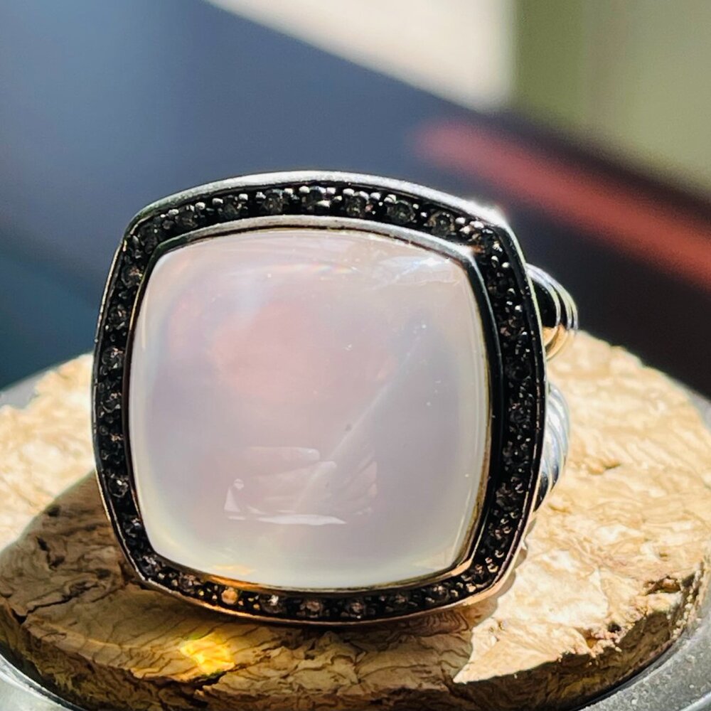 David Yurman Sterling Silver Diamond Mother of Pearl 17mm Albion Ring